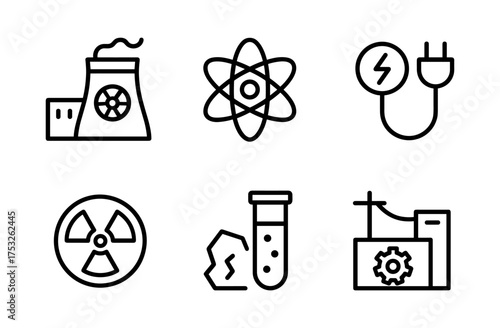 Linear energy and science icon set: power plant, atom, plug, nuclear symbol
