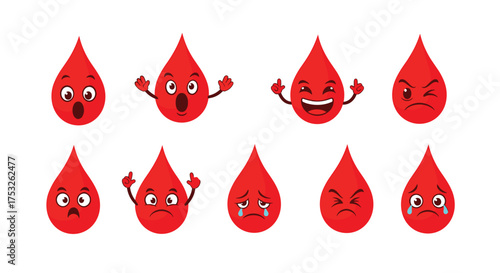 A collection of cartoon blood drop characters displaying a wide range of human emotions and expressions