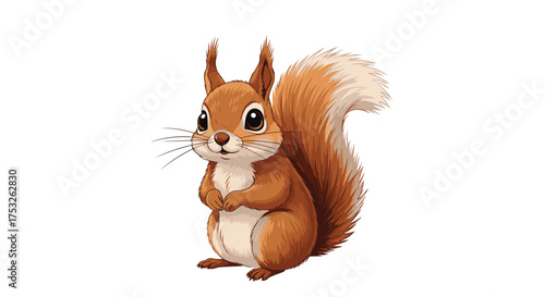 A cute fluffy squirrel sitting upright with its bushy tail curled over its back.