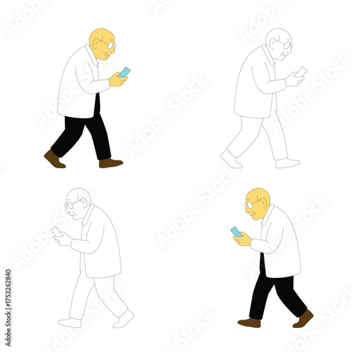 Elderly man walking and looking at smartphone senior