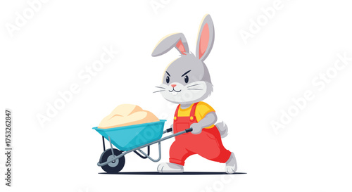 A determined rabbit pushes a wheelbarrow full of sand.