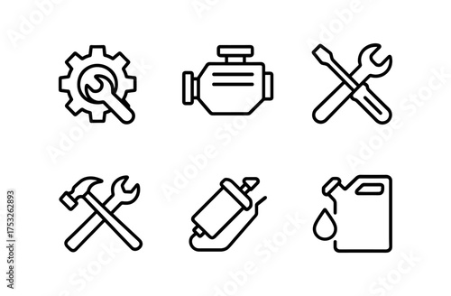 Linear automotive repair icons: tools and engine maintenance symbols