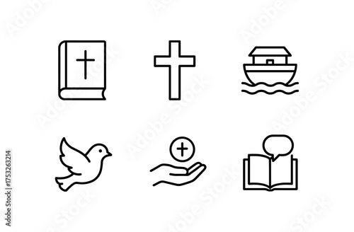 Minimalist christian symbols: bible, cross, noah's ark, dove, communion, scripture