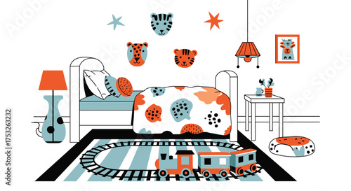 A whimsical child's bedroom adorned with playful animal motifs and a miniature train set.