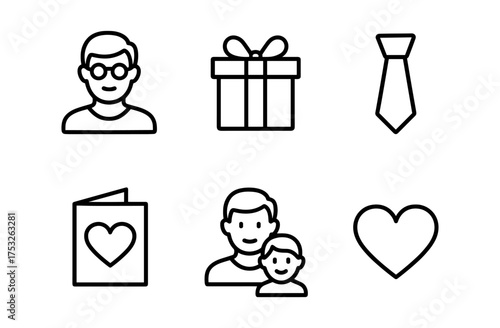 Father's day icons: gift, card, heart, tie, and family in linear style