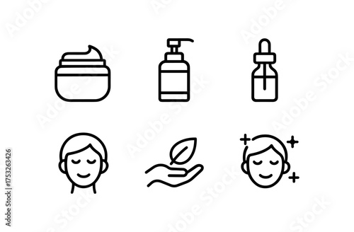 Minimalist skincare icons set featuring cream, bottle, dropper, face, leaf, and wellness symbols