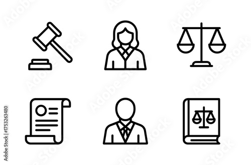 Legal icons set featuring bold line designs for justice and law themes