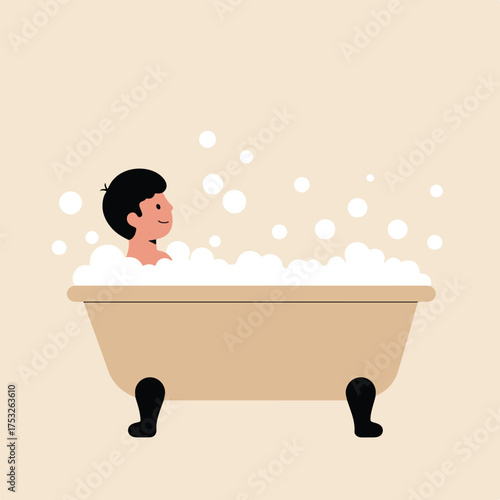 A person smiles relaxing in a bathtub filled with bubbles and water