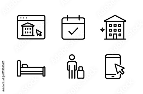 Online hotel booking icons: reservations, rooms, smartphones, linear style