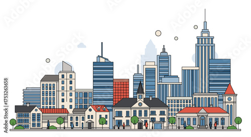 A colorful and detailed illustration of a city skyline with modern and traditional buildings.