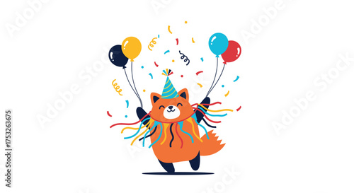 Cute cartoon red panda celebrating a birthday with balloons and confetti.