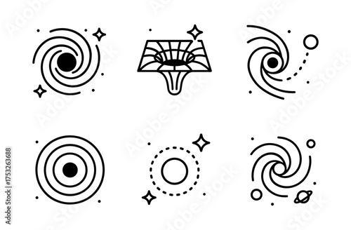 Cosmic themed minimalistic black and white space designs for science concepts