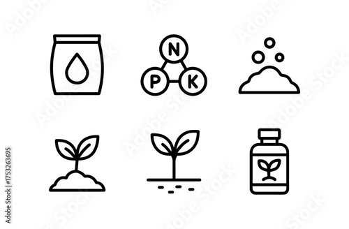 Fertilizer and plant growth icons: linear design for gardening and agriculture
