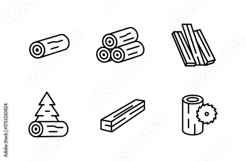 Wood elements simple set: logs, planks, trees in minimalist style