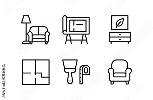 Minimalist linear icons: interior design and home renovation essentials