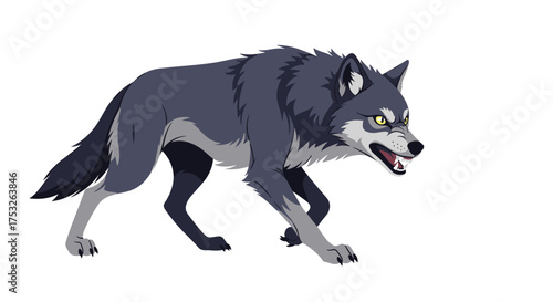 An aggressive animated gray wolf with yellow eyes growls and lunges forward with its mouth open.