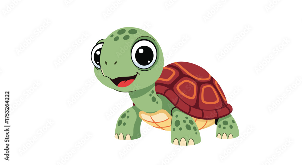 Fototapeta premium A cheerful little turtle with a happy smile walks forward.