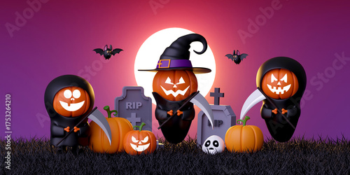 Happy Halloween Pumpkins Graveyard Grim Reaper Theme