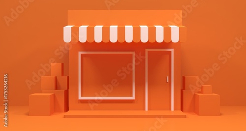 Orange storefront illustration with awning and cubes