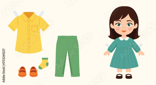 A cute paper doll girl with her wardrobe and accessories.