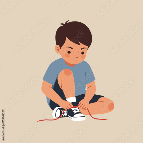 A child diligently tying shoelaces on his footwear