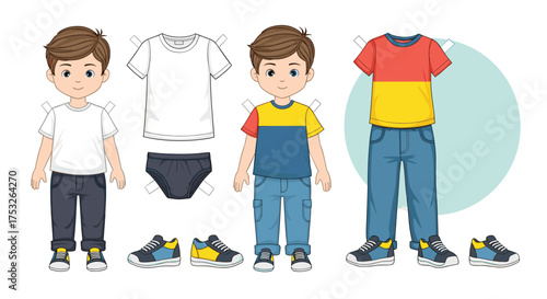 Collection of cartoon boys outfits and clothing items.