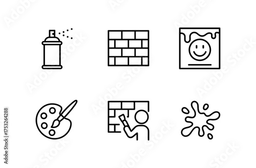 Urban art line icons: spray paint, brick wall, graphic design tools, abstract and minimalist symbols
