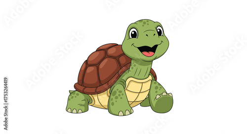 A happy and smiling green turtle with a brown shell walks on a white background.
