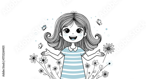 A joyful young girl surrounded by delicate flowers and lighthearted snowflakes.