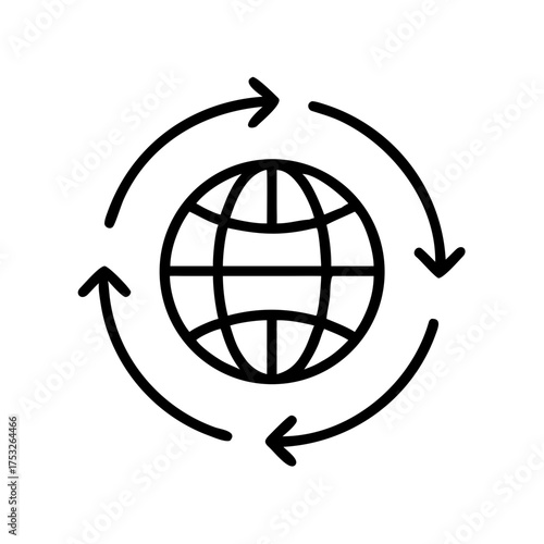 Globe with rotating arrows represents global connectivity, international relations, worldwide communication, and the interconnectedness of the world