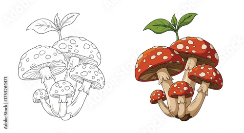 A cluster of whimsical spotted mushrooms with green leaves growing upwards towards the sky.