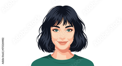 A young woman with dark wavy hair and green eyes smiles at the viewer.