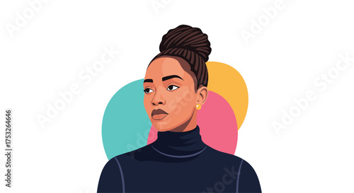 A portrait of a woman with a high bun and dark turtleneck looking to the side.