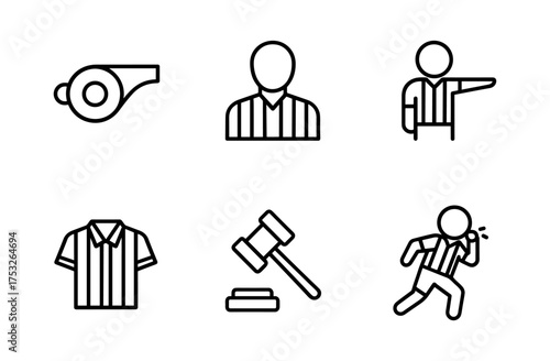 Minimalist line icons of referee gear and actions for sports themes