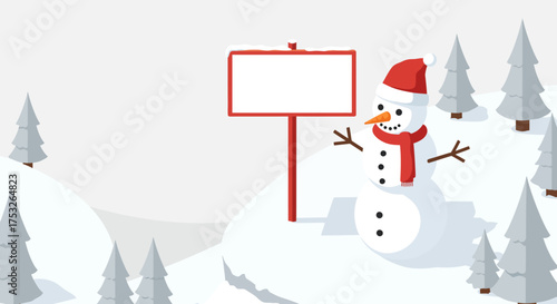 Snowy landscape with friendly snowman and blank sign for winter fun