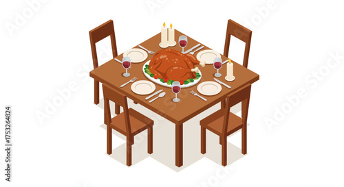 Cozy thanksgiving dinner table with roast turkey and candles in isometric style