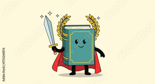 A triumphant book holding a sword and wearing a laurel wreath.