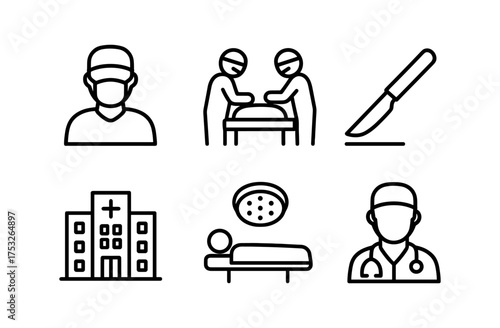 Linear medical icons set: surgery, hospital, doctor, operating room, bed