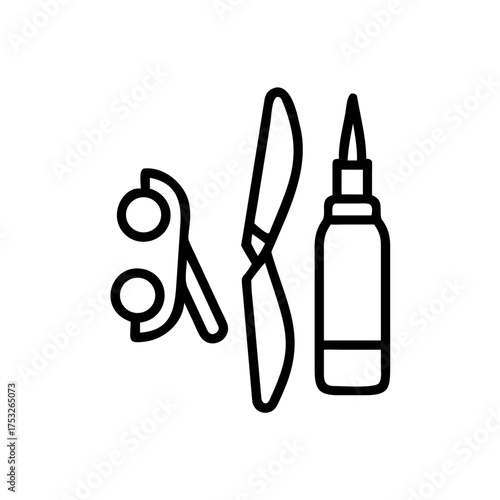 Minimalist tattoo equipment icon featuring essential tools like scissors, a knife, and an ink bottle for creating unique body art designs