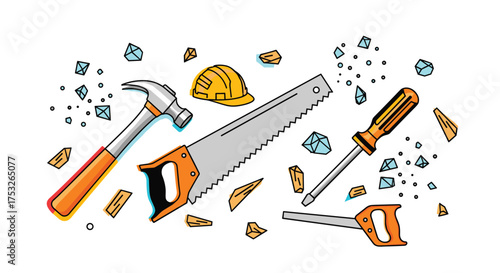 A collection of construction and repair tools including hammers saws and screwdrivers.
