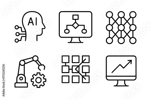 Minimalist line icons of ai, neural networks, blockchain technology, and automation