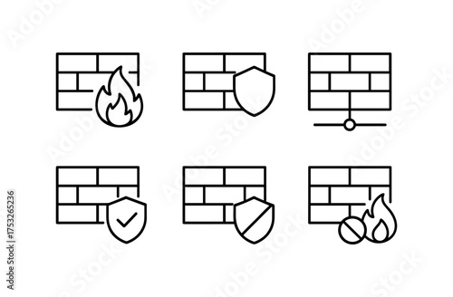 Cybersecurity icons featuring firewall and protection symbols in linear style