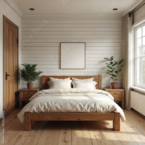 Wallpaper Mural Cozy bright bedroom features comfy wooden bed with white bedding. Two nightstands, green plants, blank frame adorn wall. Large window brings natural light into tranquil room. Clean wood floor, door, Torontodigital.ca