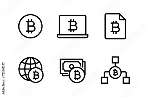 Minimalist cryptocurrency icon set featuring bitcoin symbols in linear style