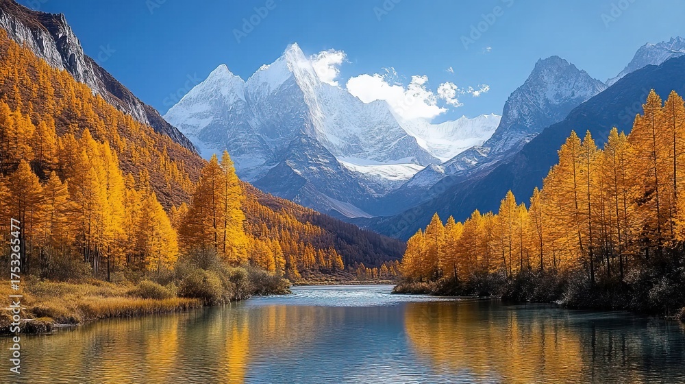 Obraz premium Panoramic Autumn View of Yading Snow-Capped Mountains with Golden Larch Trees and River Reflection in Sichuan, China.
