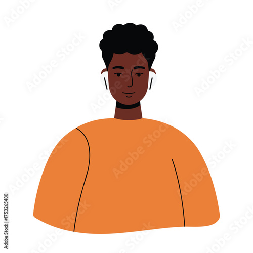 A man with curly hair wears wireless earbuds and an orange shirt