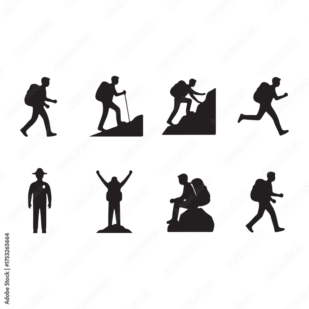 Naklejka premium A diverse set of black silhouette icons depicting hikers in various poses and activities, including walking, climbing, and running, all isolated on a clean white background for easy integration.