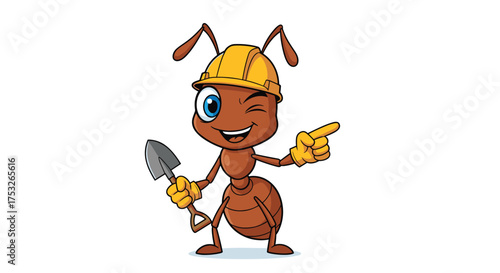 An industrious ant wearing a hard hat holds a shovel and points to the side.