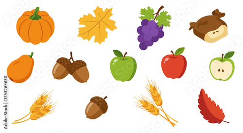 Colorful autumn harvest: pumpkins, leaves, fruits, nuts, and grains collection