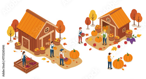 Harvest season at a farm with people collecting pumpkins and grapes in an aut…